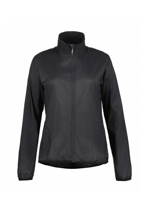 Black, lightweight jacket with a zip front, high collar, and long sleeves. Features elasticated cuffs and a straight hem for a fitted style.