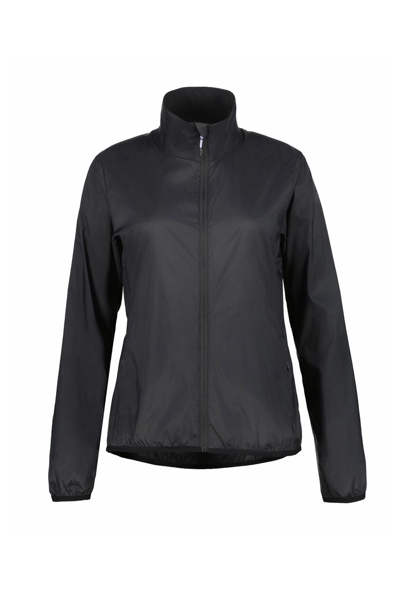 Chaqueta negra, ligera, con cierre de cremallera en el frente, cuello alto y mangas largas. Presenta puños elásticos y un dobladillo recto para un estilo entallado.