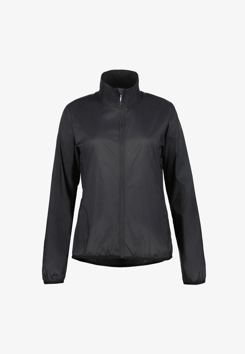 Sort, letvægtsjakke med lynlås foran, højt krave og lange ærmer. Har elastiske manchetter og en lige kant for en tætsiddende stil.