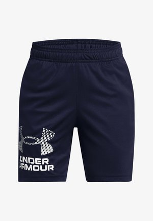 Námořnické športové šortky s elastickým pásom, ľahkým materiálom a bielym logom Under Armour s geometrickým vzorom na ľavej nohe.