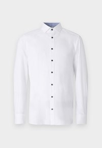 Weißes Langarmhemd aus leichtem Stoff, mit einer knöpfbaren Front in Schwarz und einem kontrastierenden blauen Innenkragen.