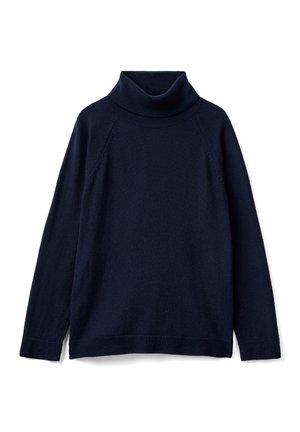 Suéter de cuello alto en color navy, hecho de material de punto suave, con un cuello y puños acanalados, ajuste holgado y mangas raglán.