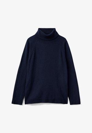 Suéter de cuello alto en color navy, hecho de material de punto suave, con un cuello y puños acanalados, ajuste holgado y mangas raglán.
