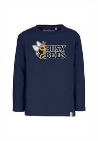 Marinefarbens Langarmshirt mit einem Cartoon-Bienen-Design und dem Text "BUSY BEES" in fetter Schrift. Aus Baumwollmaterial mit Rundhalsausschnitt.