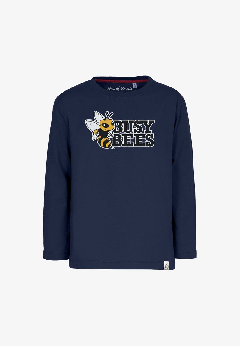 Marinefarbens Langarmshirt mit einem Cartoon-Bienen-Design und dem Text "BUSY BEES" in fetter Schrift. Aus Baumwollmaterial mit Rundhalsausschnitt.