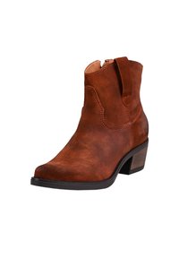 Bota de ante marrón hasta el tobillo con punta afilada, tacón medio, detalles de costura lateral y un tirador en la parte superior para facilitar el uso.