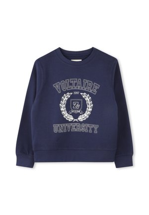 Sweatshirt bleu marine avec col rond, poignets et ourlet côtelés. Impression graphique blanche : "UNIVERSITÉ VOLTAIRE 1997" à l'intérieur d'un design de laurier.
