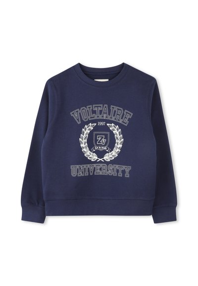 Felpa blu navy con scollo rotondo, polsini e orlo a costine. Presenta una stampa grafica bianca: "VOLTAIRE UNIVERSITY 1997" all'interno di un design a alloro.