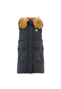 Zwarte puffer vest met een nepbont capuchon in tan, twee met rits afsluitbare zijzakken, gewatteerde textuur en een ronde logo op de borst.
