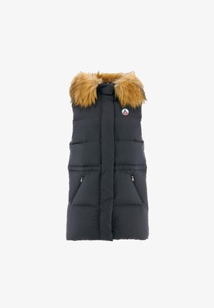 Zwarte puffer vest met een nepbont capuchon in tan, twee met rits afsluitbare zijzakken, gewatteerde textuur en een ronde logo op de borst.