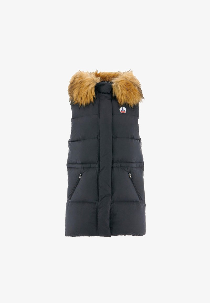 Zwarte puffer vest met een nepbont capuchon in tan, twee met rits afsluitbare zijzakken, gewatteerde textuur en een ronde logo op de borst.