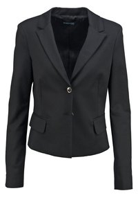 Blazer noir pour femme, ajusté, avec revers crantés, fermeture par un unique bouton en métal et poches avant à rabat.