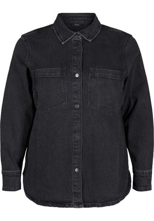 Schwarze Denim-Hemd mit klassischem Kragen, vorderer Knopfleiste, zwei Brusttaschen und langen Ärmeln. Mit einem leicht gewellten Saum.