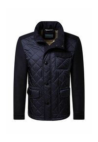 Marineblaues Steppjacke aus einer warmen Wollmischung. Verfügt über einen Druckknopfverschluss, zwei Fronttaschen und einen Kragen. Strukturiertes Gewebe mit Rautenmuster.