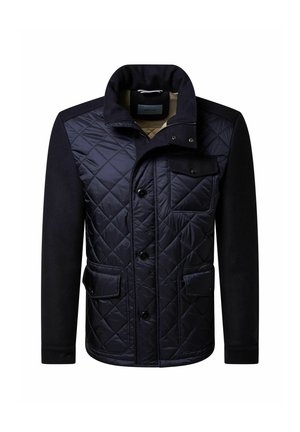 Marine gewatteerde jas met een warme wolmix. Voorzien van een drukknoopsluiting, twee voorzakken en een kraag. Van textuurstof met een ruitpatroon.