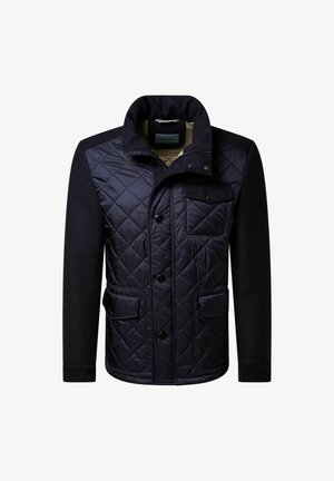 Marine gewatteerde jas met een warme wolmix. Voorzien van een drukknoopsluiting, twee voorzakken en een kraag. Van textuurstof met een ruitpatroon.