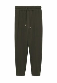 Jogging en tissu vert foncé à taille élastique, avec une fermeture à cordon de serrage, des jambes fuselées et une texture subtile. Sans poches ni embellissements.