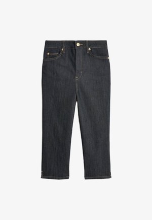 Jean en denim bleu foncé avec une coupe droite, deux poches avant et des coutures jaunes discrètes le long des coutures et du bouton de fermeture.