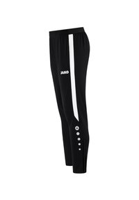 Pantalons de sport noirs avec une bande blanche, dotés de poches latérales, d'un logo et d'accents de bouton le long de la jambe inférieure. Tissu lisse et flexible.