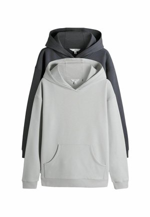 Two plain hooded sweatshirts stacked; front one light gray, back one dark gray, both with long sleeves and front pockets.