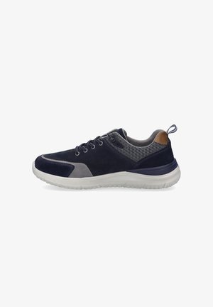 Navy suede and mesh sneaker with gray accents, round toe, laces, and a white rubber sole. Includes a tan heel tab for easier wear.