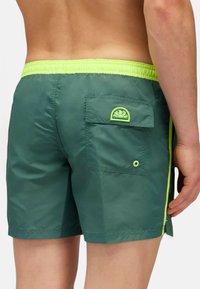 Pantaloni da bagno verdi con cintura elastica di un verde chiaro, strisce laterali, tasca posteriore e patch con logo. Il materiale sembra liscio e leggero.
