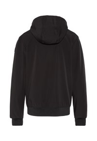 Giacca nera con cappuccio realizzata in tessuto liscio, caratterizzata da un design minimalista, polsini elasticizzati e orlo a costine per un look aderente.