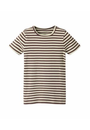Kortermet ribbestrikket T-skjorte med horisontale brune og beige striper og rund hals.