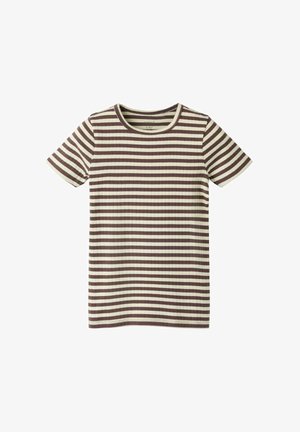 Kortærmet ribbet T-shirt med horisontale brune og beige striber og rund halsudskæring.