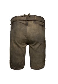 Bruine leren shorts met een zachte textuur, voorzien van een geplooide tailleband en zijzakken. Het ontwerp is eenvoudig en functioneel.