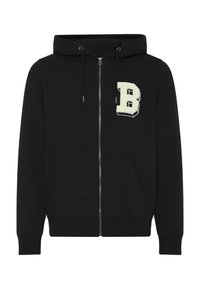 Felpa nera con zip realizzata in misto cotone, caratterizzata da un grande applico a forma della lettera "B" crema sul lato sinistro del petto, tasche a marsupio e cappuccio con cordino.