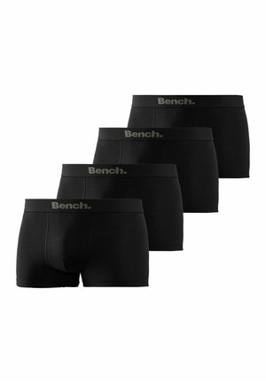 Vier Paare schwarze Boxershorts mit einem weichen Bündchen. Das Bündchen ist mit einem grauen "Bench."-Logo versehen. Hergestellt aus dehnbarem Stoff, glatte Textur.