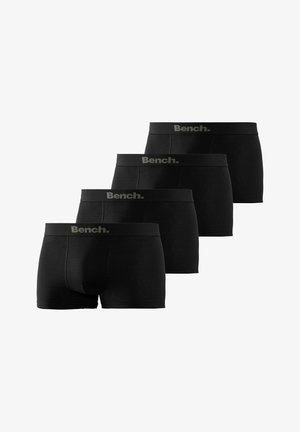 Vier Paare schwarze Boxershorts mit einem weichen Bündchen. Das Bündchen ist mit einem grauen "Bench."-Logo versehen. Hergestellt aus dehnbarem Stoff, glatte Textur.