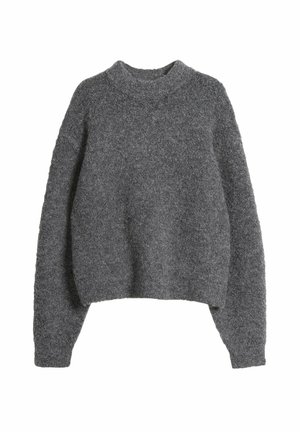 Grey cropped sweater made of textured knit fabric, featuring a round neckline and dropped shoulders for a relaxed fit.