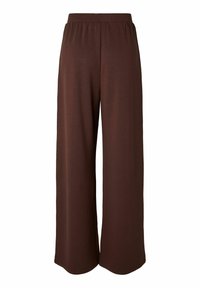 Pantalon marron ample avec taille élastique, jambes droites et larges, sans fermetures ni poches visibles.