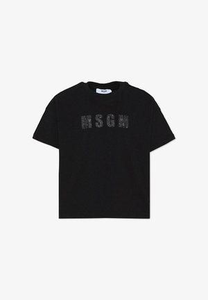 Zwarte katoenen T-shirt met korte mouwen, voorzien van een verhoogd "MSGM" logo in een gemarmerd patroon over de borst. Klassiek ontwerp met ronde hals.