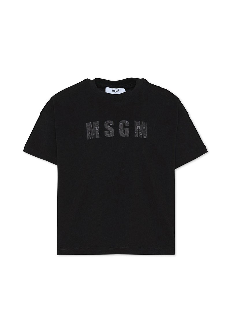 Zwarte katoenen T-shirt met korte mouwen, voorzien van een verhoogd "MSGM" logo in een gemarmerd patroon over de borst. Klassiek ontwerp met ronde hals.