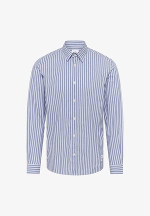 Modrá a biela pruhovaná košeľa s dlhými rukávmi a golierom na gombíky, s pravidelným strihom a textúrou látky. Päť gombíkov na prednej lége.