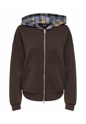 Sweat à capuche zippé marron avec poches avant et doublure à carreaux beige, noir et bleu clair, présenté sur fond blanc.