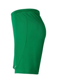 Shorts de sport verts en tissu léger, dotés d'une taille élastique, d'une texture lisse et d'un petit logo près de l'ourlet.