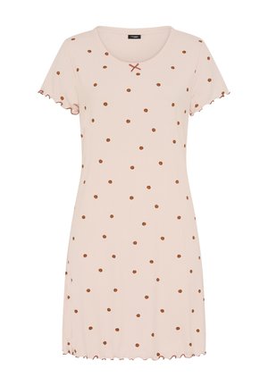 Robe rose clair à manches courtes avec petits pois marron et bords volantés aux manches et à l'ourlet. Petite croix décorative au niveau de l'encolure.
