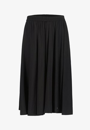 Jupe midi noire avec ceinture élastique et tissu fluide et ample.