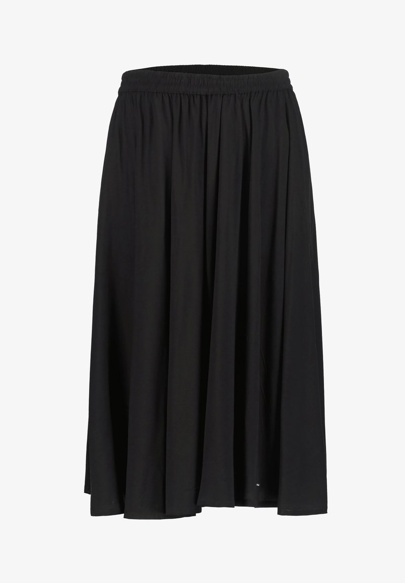 Jupe midi noire avec ceinture élastique et tissu fluide et ample.