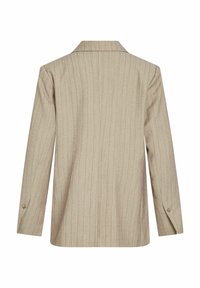 Blazer beige à fines rayures, manches longues, poignets boutonnés et col cranté vu de dos.