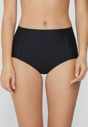 Zwart high-waisted bikini onderstuk gemaakt van een gladde stof, met strakke lijnen en bescheiden bedekking, en met gestikte naden aan de zijkanten.