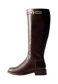 Dark brown knee-high leather boot with low block heel and decorative gold metal buckle near the top.