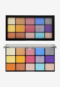 Palette mit 16 quadratischen Farbtönen, die lebendige Farben enthält: Gelbtöne, Blautöne, Rosatöne, Lilatöne und Neutraltöne in matten und schimmernden Finishes. Klare Abdeckung.