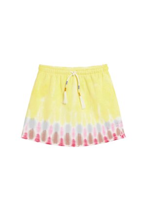 Żółta spódnica tie-dye z elastycznym pasem i sznurkiem do regulacji, z gradientowym wzorem w odcieniach różowego, brązowego i białego.