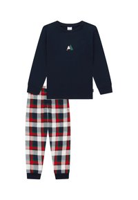 Langärmeliges, navyblaues Hemd mit einem Berg-Graphic, kombiniert mit rot-grün-weißen karierten Schlafanzughosen aus weichem Stoff.