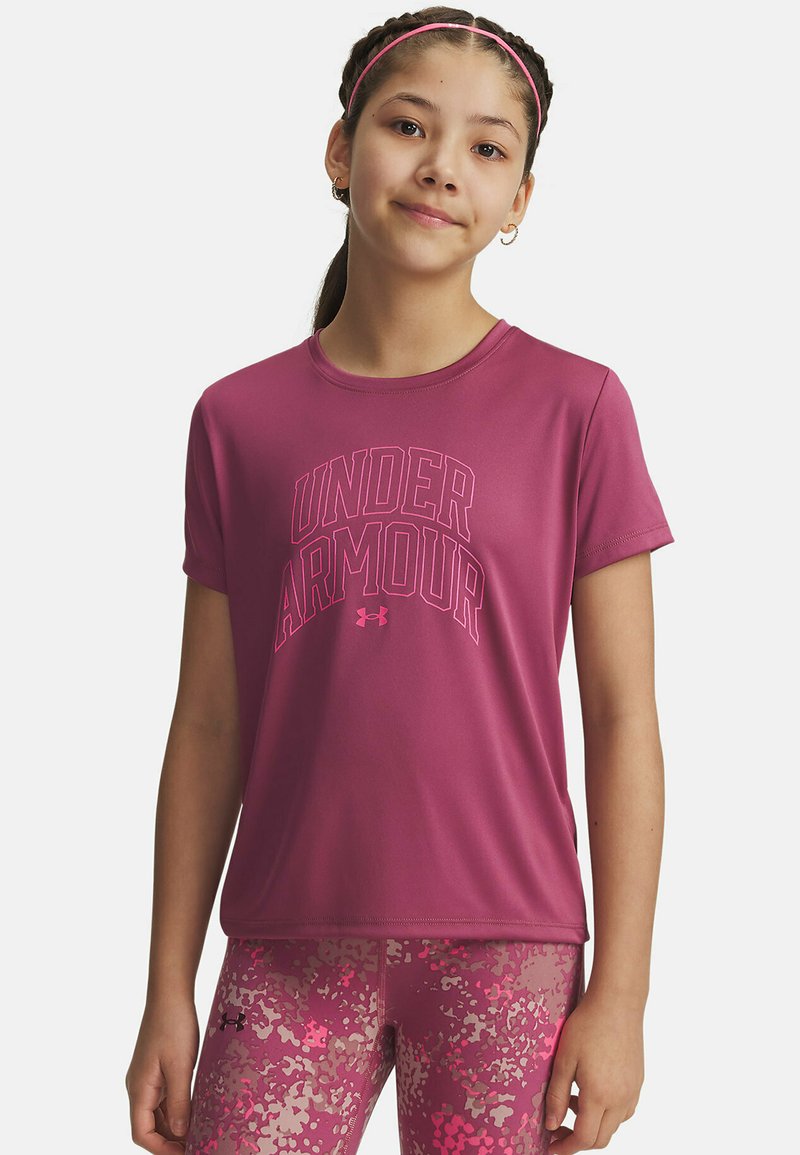Magenta athletic shirt with short sleeves and "UNDER ARMOUR" logo in a lighter pink. Worn with patterned pink leggings. Smooth texture.